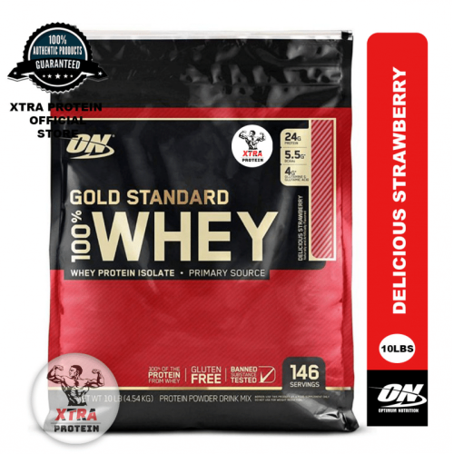 Optimum Nutrition Gold Standard Whey Delicious Strawberry (10lb) 146 Servings | Xtra Protein