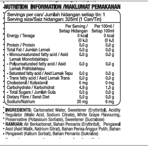 Pokka Sparkling Flavoured Water White Grape (330ml) 24 Pack | Nutritional Facts