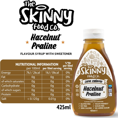 Skinny Food Co Hazelnut Praline Syrup Zero Calorie 425ml - Sugar Free Hazelnut Coffee Syrups For Tea, Hot Chocolate, Fruit, Baking, Protein Drinks