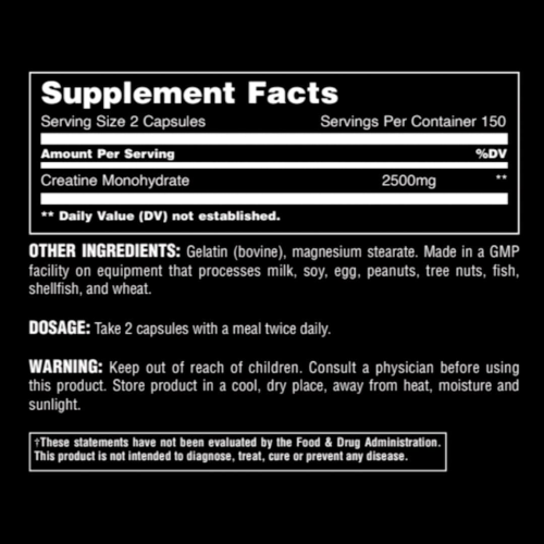 Animal Creatine Monohyrate (300 Caps) 150 Servings | Xtra Protein Nutrition Facts